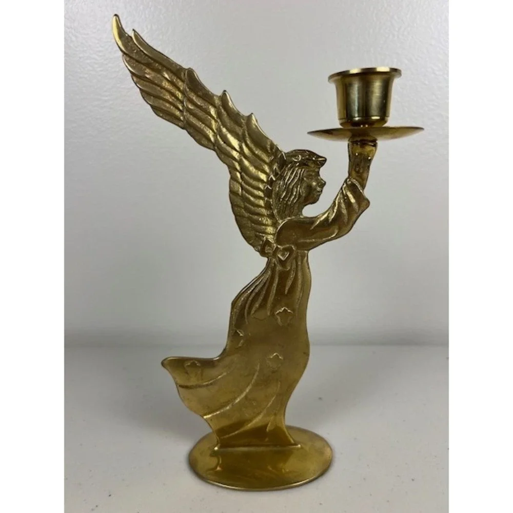 Vintage Solid Brass Angel Candlestick Holder Gold Tone Winged Celestial 8.5 inch